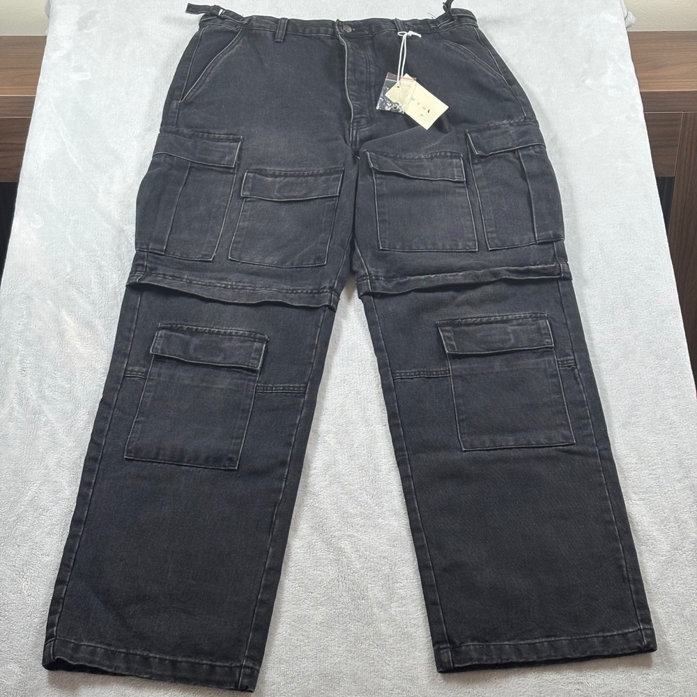 Mnml Ultra Baggy Dirty Rain Cargo Denim Pants Black Mens Size 36‎ Skater Grunge